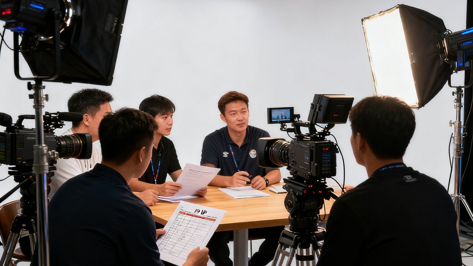 专业团队在演播室进行体育IP内容策划与拍摄，灯光设备和摄像机环绕，呈现专业内容制作场景